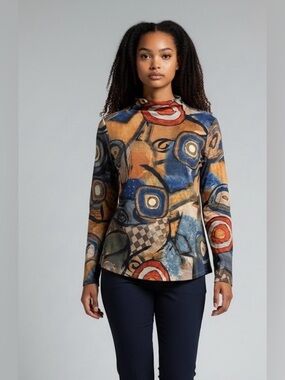 3 Potato Abstract Print Long-Sleeve Turtleneck Top in Multi-Color